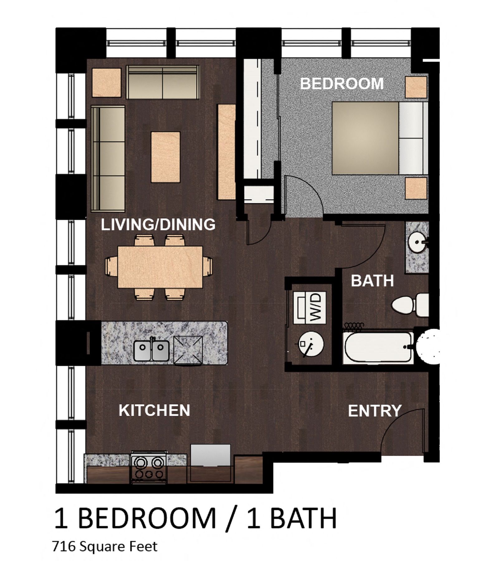 Floor plan for 1 bed, 1 bath, 716 sqft
